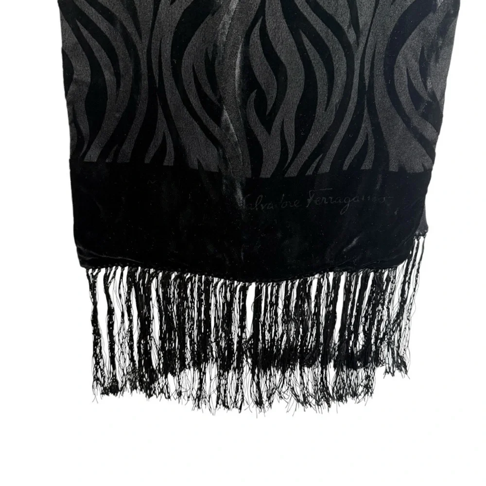 Salvatore Ferragamo Zebra Pattern Black Velvet Neck Scarf Fringe Ends Made Italy